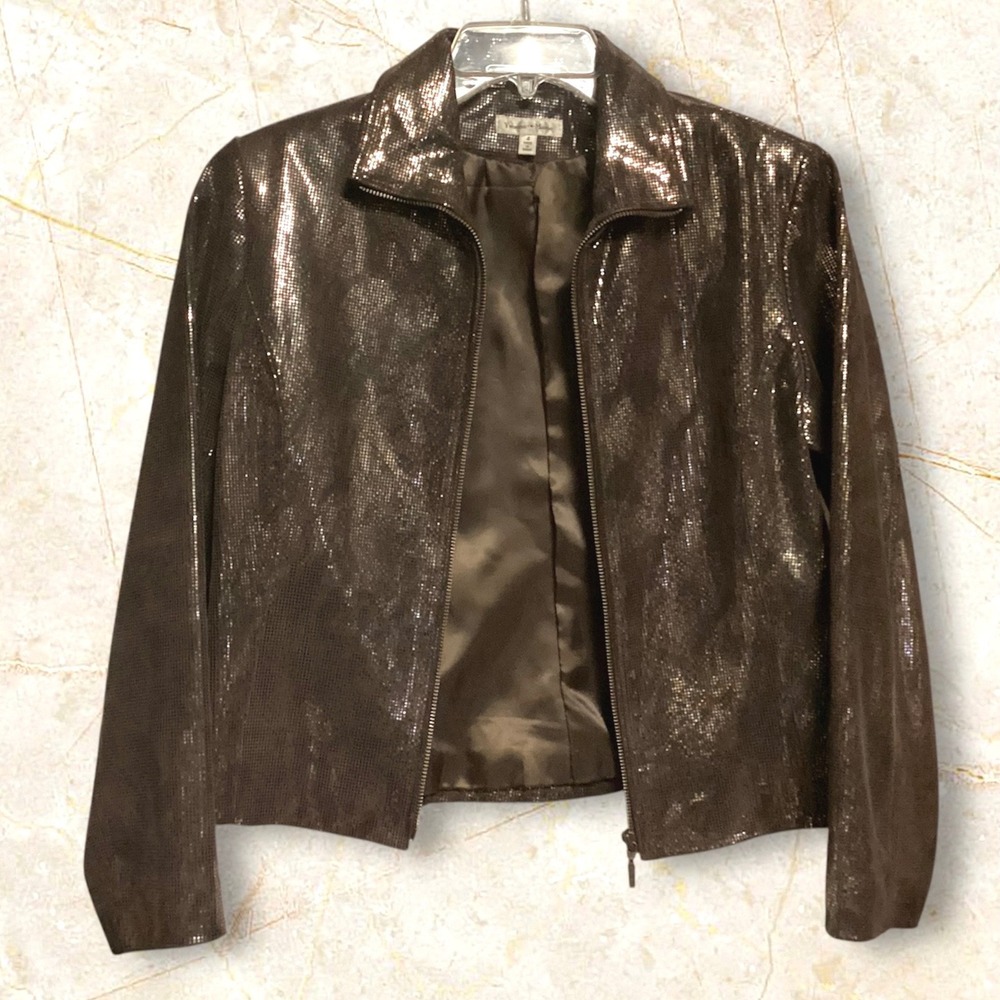 Yvonne Marie Women's‎ Leather Brown Sequin Zip Up Jacket Blazer Size 4